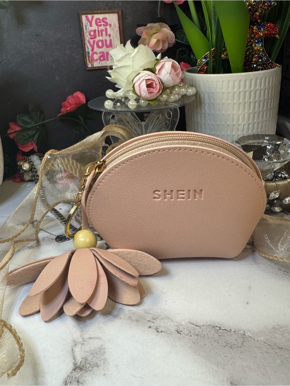 SHEIN Blush Faux Leather Mini Coin Purse with Floral Tassel Charm